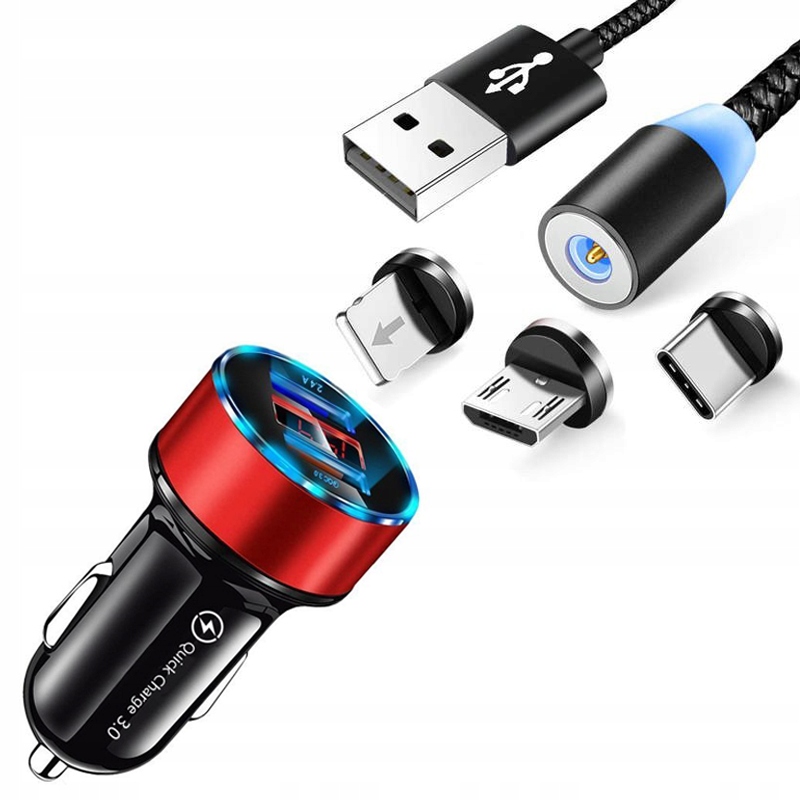 

Ładowarka Samochodowa 2XUSB + Kabel Usb 3W1 Magnes