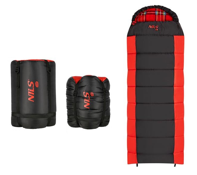 Teplý zimní turistický spací pytel pod stan černo-červený Nils Camp
