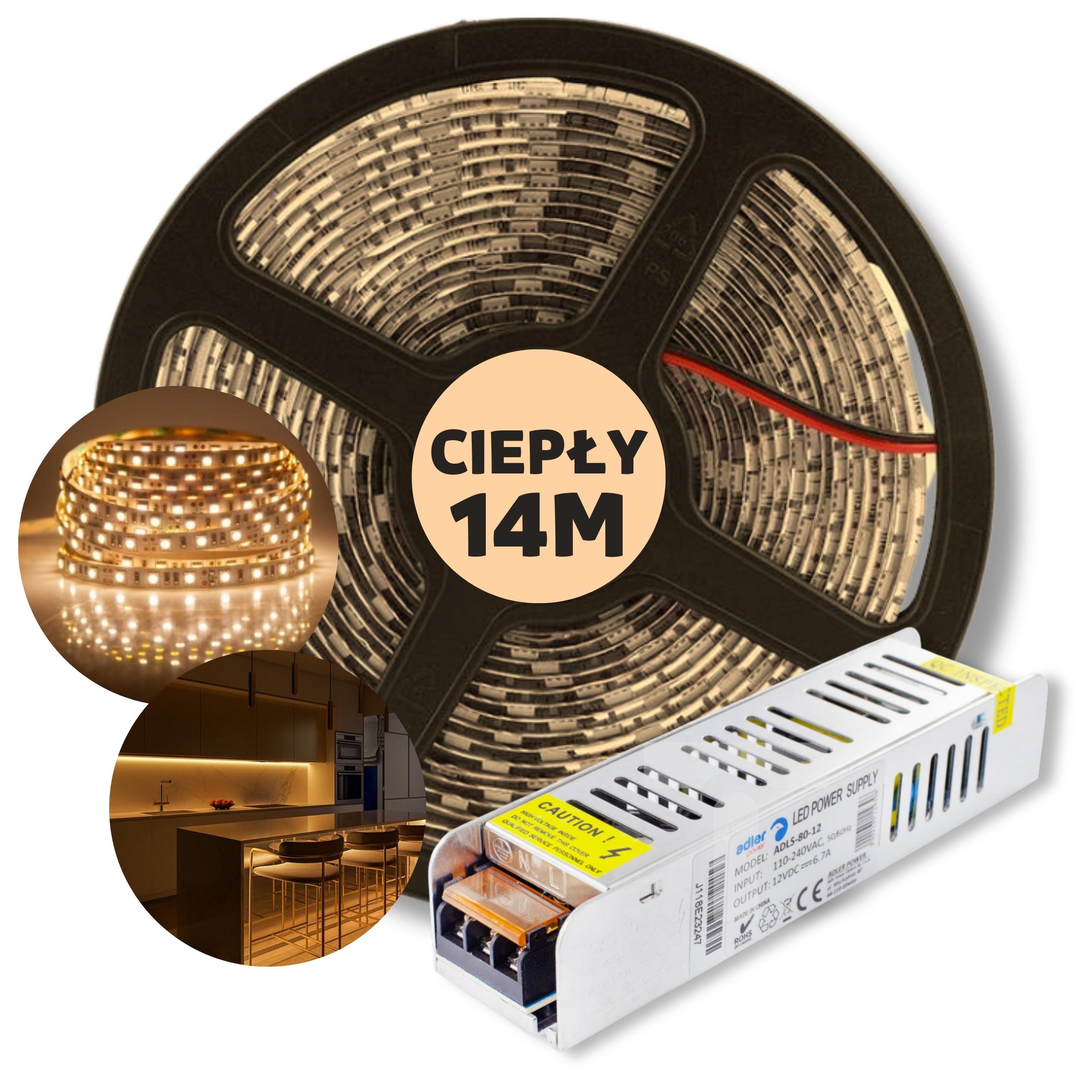 Set 14 m Led pásek Smd bílý teplý s napájecím zdrojem 12 V