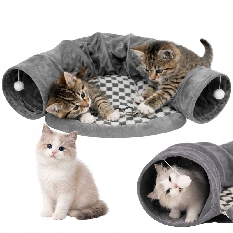 Levně Pelíšek Pro Kočky Plyšový Tunel Pomůcky Měkké Velké Šedé Potah