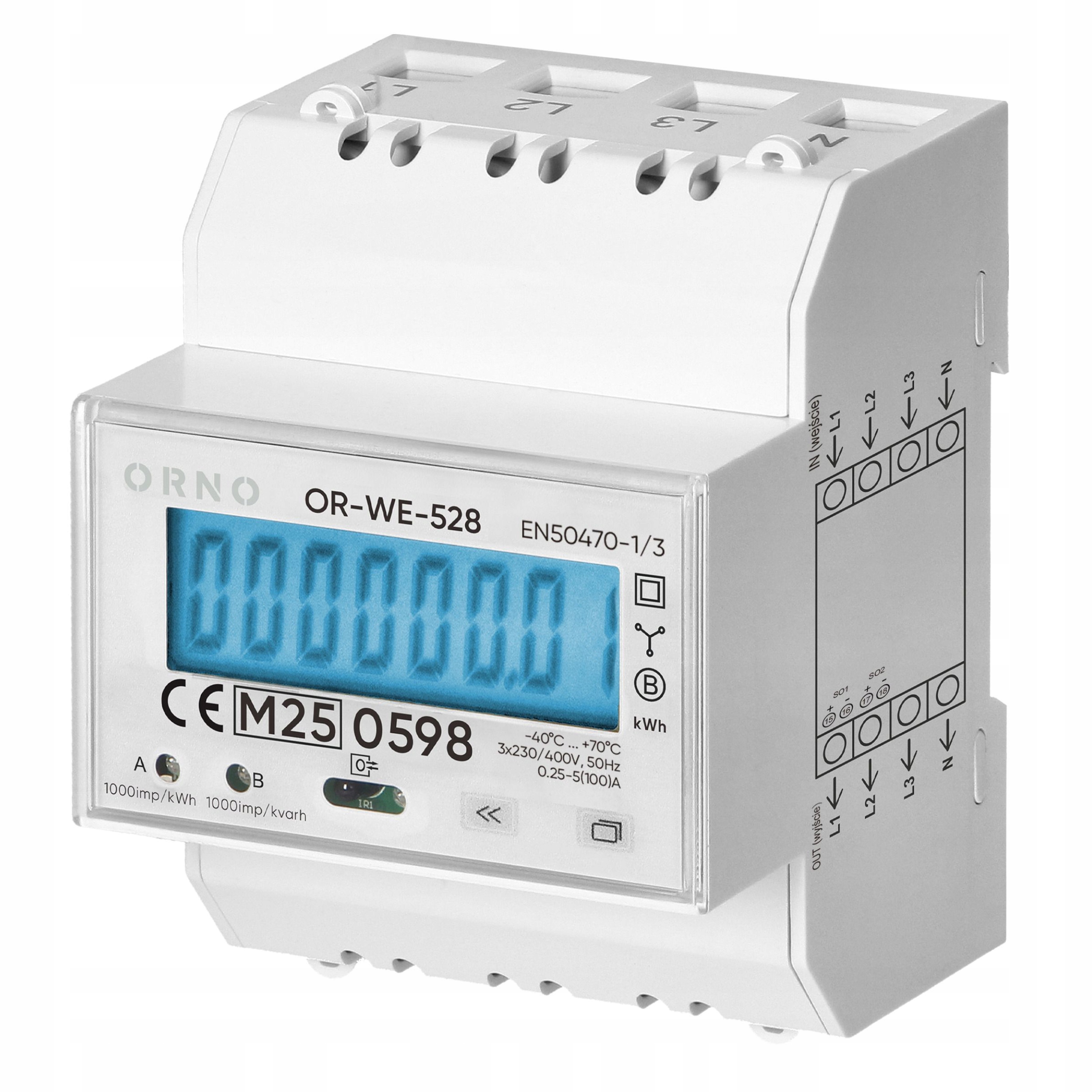 3-fázový merač elektrickej energie, 100 A, MID, 3 moduly, Din TH-35 mm
