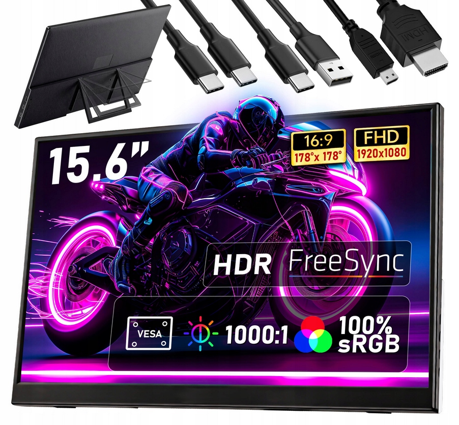 Prenosný LCD monitor 15,6" 1920 x 1080 125 Hz Podstavec Káble Reproduktory