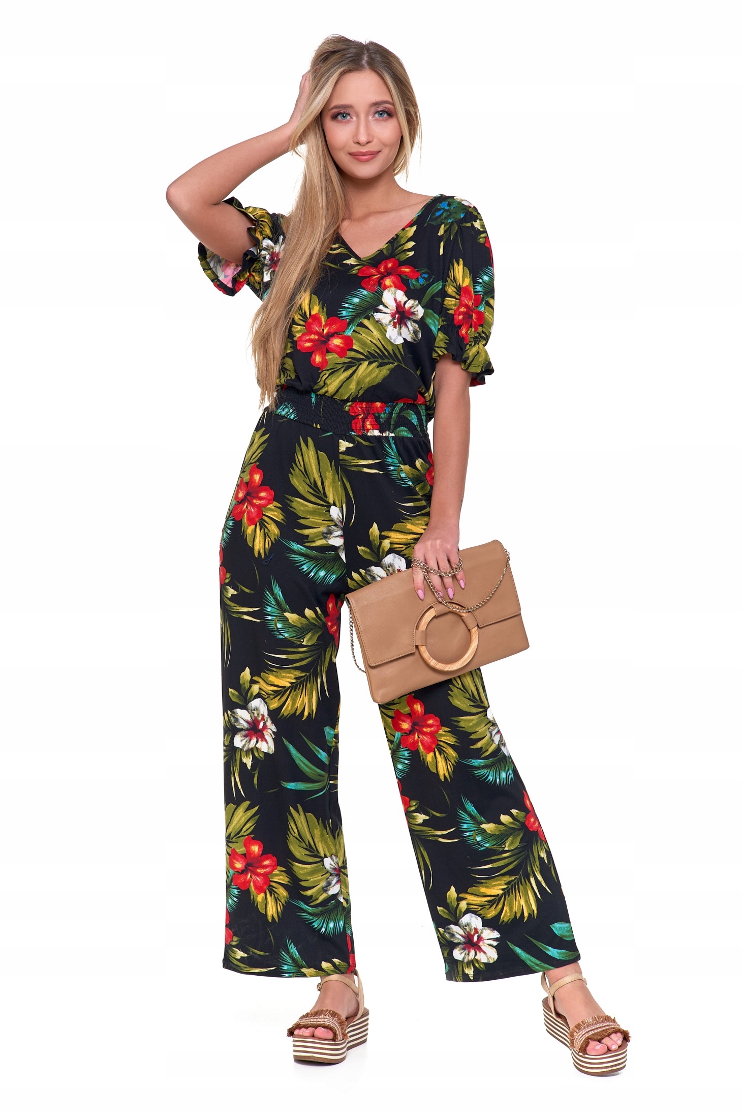 KOMBINEZON DAMSKI LETNI Z KRÓTKIM RĘKAWEM DŁUGIE SZEROKIE NOGAWKI MORAJ XL Marka Moraj