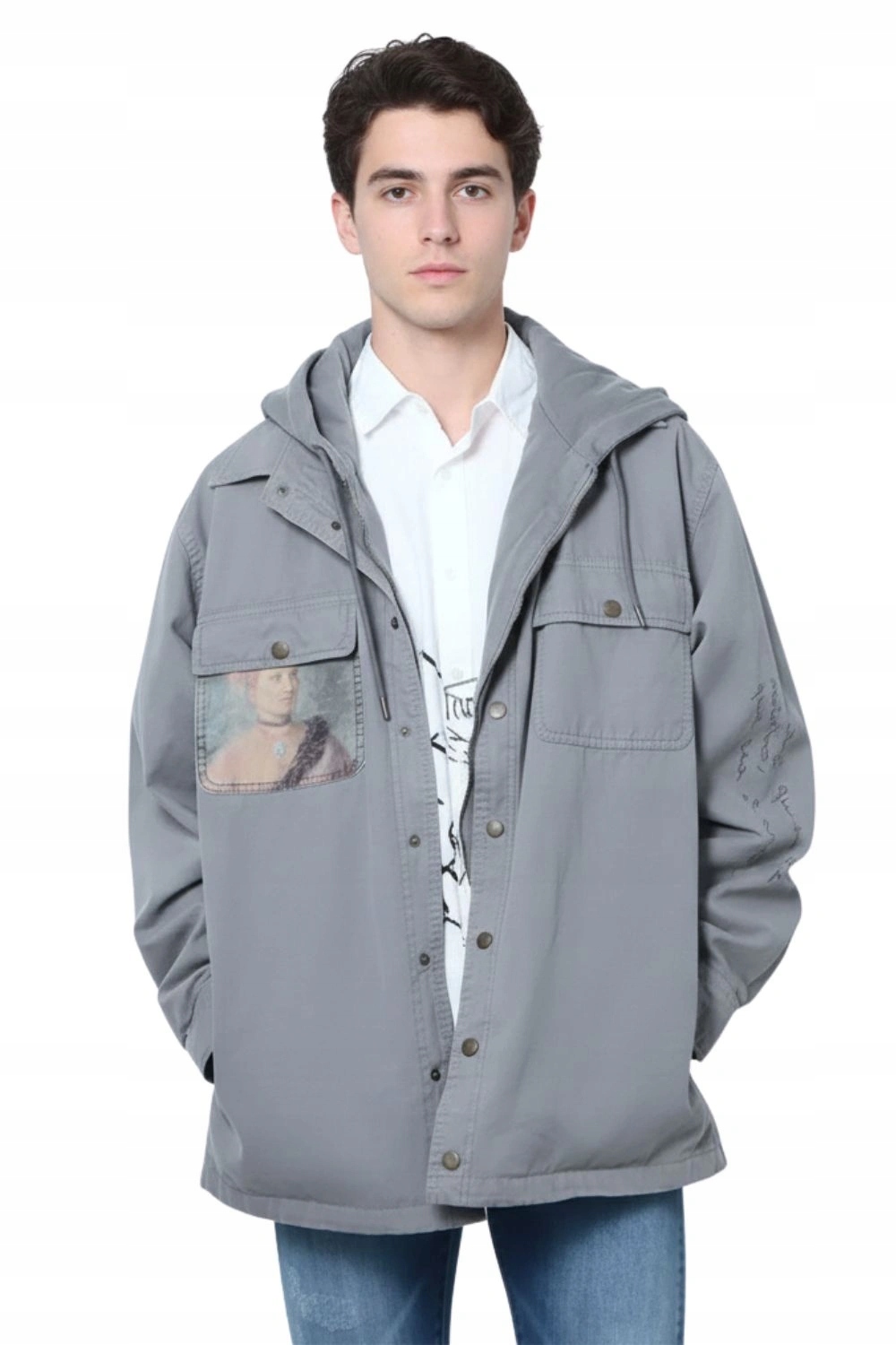 Pánská košilová bunda Desigual s s kapucí, šedá, s grafikou, lehká, vel.