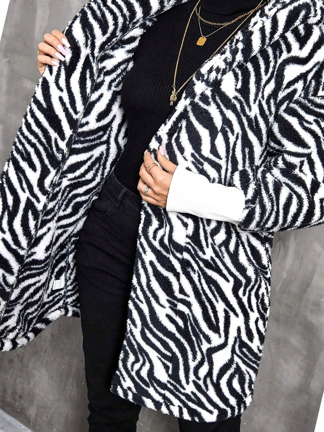 Kabát S Kapucí Kožíšek bez zapínání Zebra Bílo-černý Casual 4XL