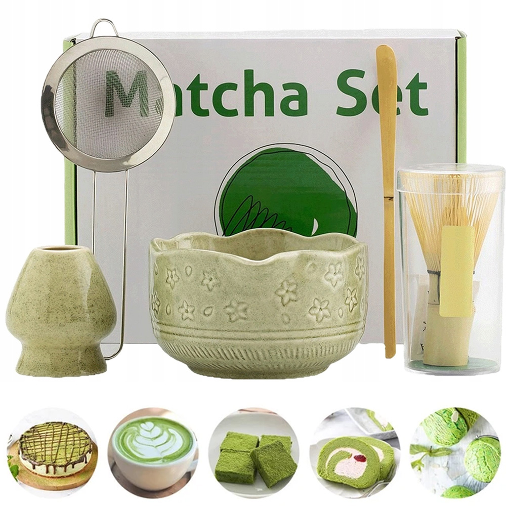 Levně Kompletní Sada Pro Matcha Keramika Bambus Zelený Se Sítkem A Lžící