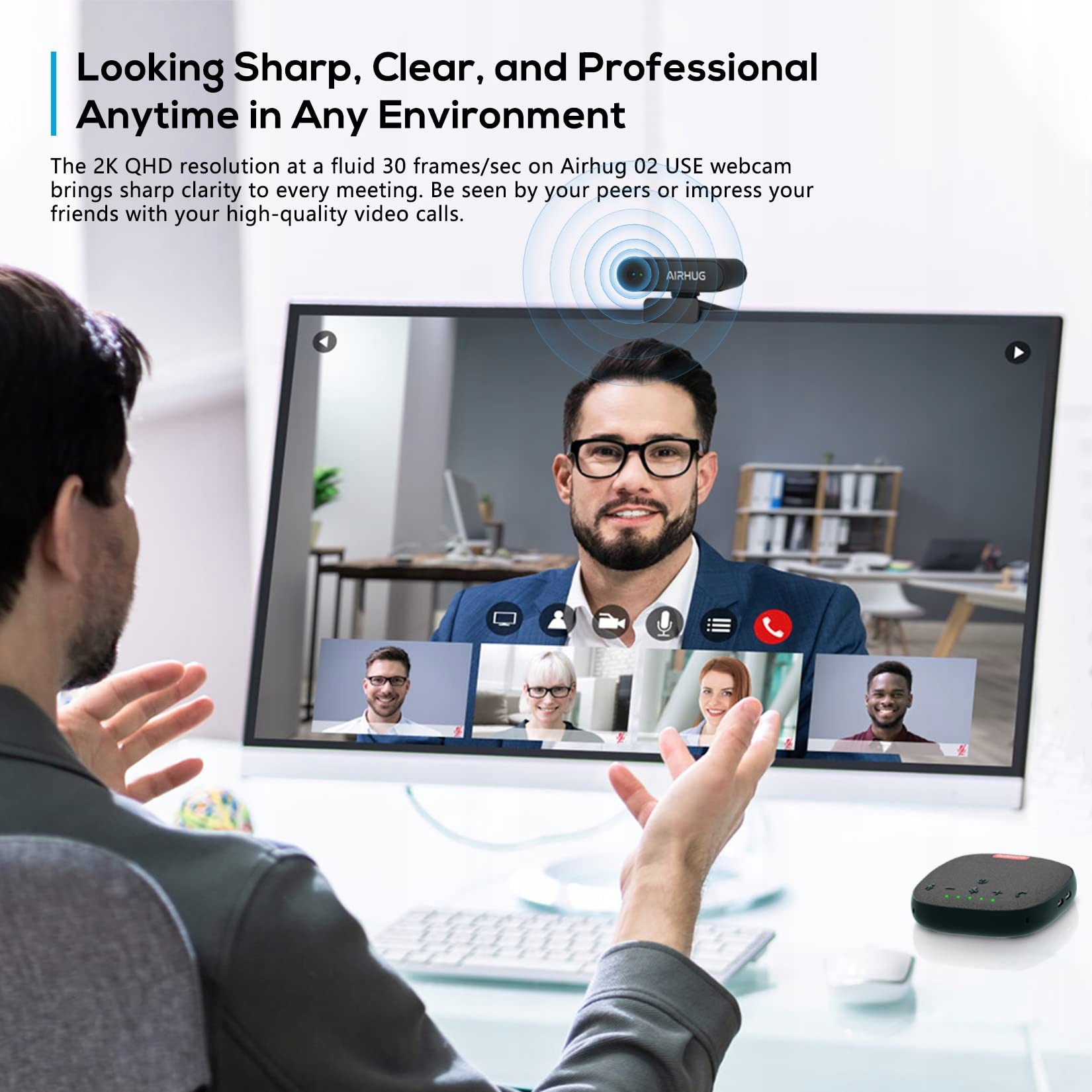 AIRHUG Kamera Internetowa 2K QHD FHD 1080p 360° Plug&Play Windows Mac — miniatura 3