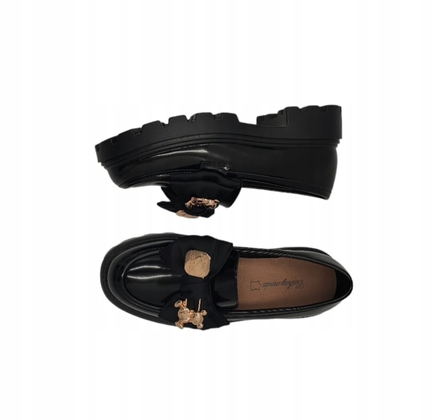 Czarne mokasyny na platformie lakierowane z misiem kokarda rozmiar 41 Marka inna