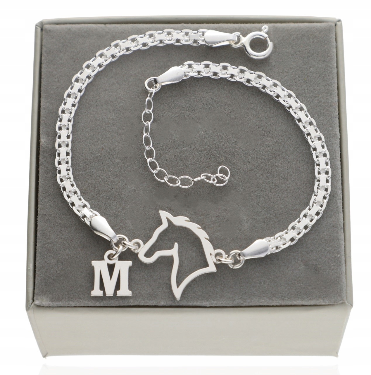 Stříbrný široký náramek kůň koník hlava a písmenka Krabička Stříbro 925