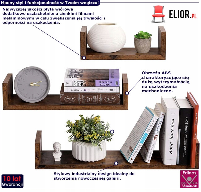 ZESTAW 3 PÓŁEK ŚCIENNYCH = SALON SYPIALNIA GABINET Marka Elior