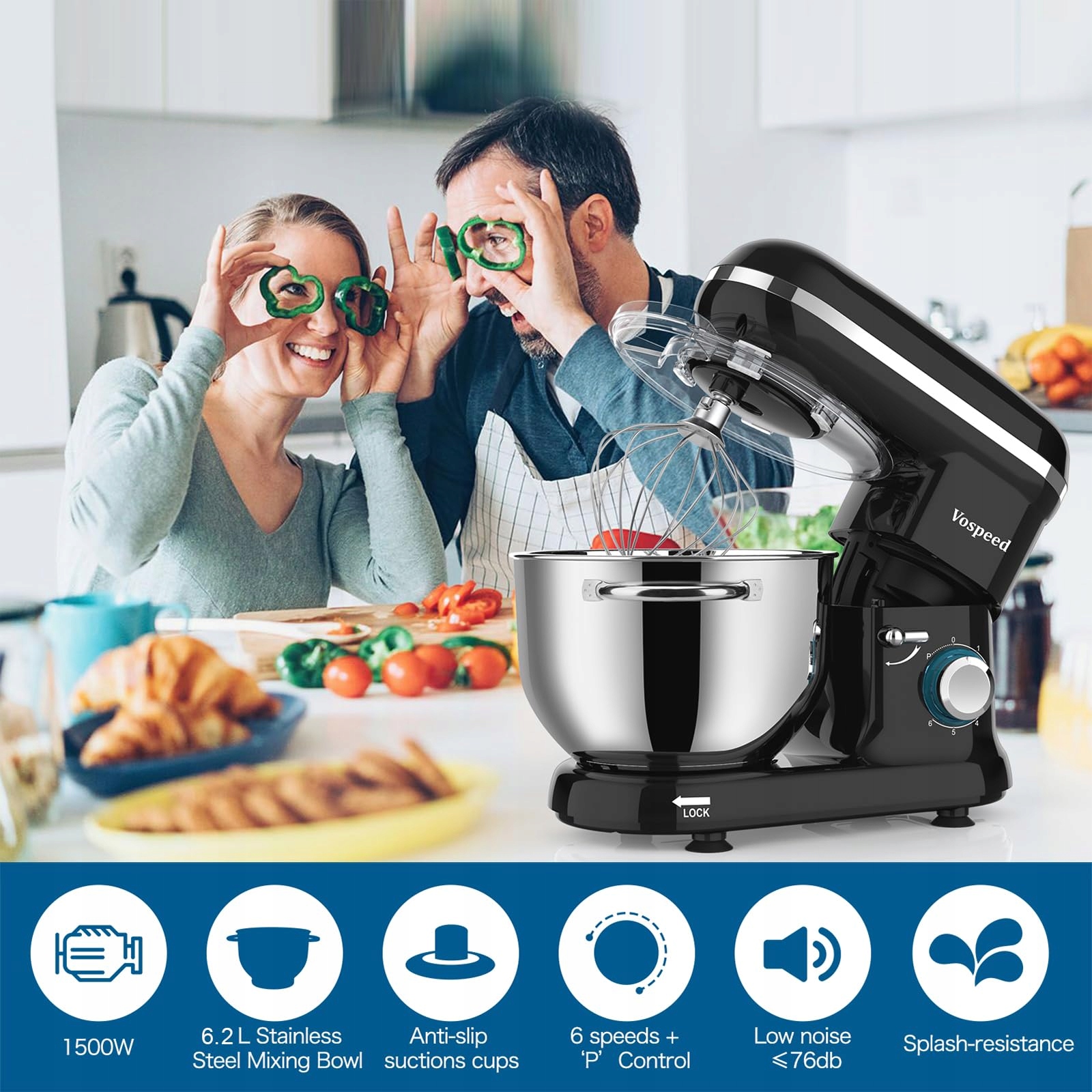 VOSPEED Mikser Kuchenny 1500W 6 Biegów 6.2L Misa Hak Trzepaczka Czarny — miniatura 7