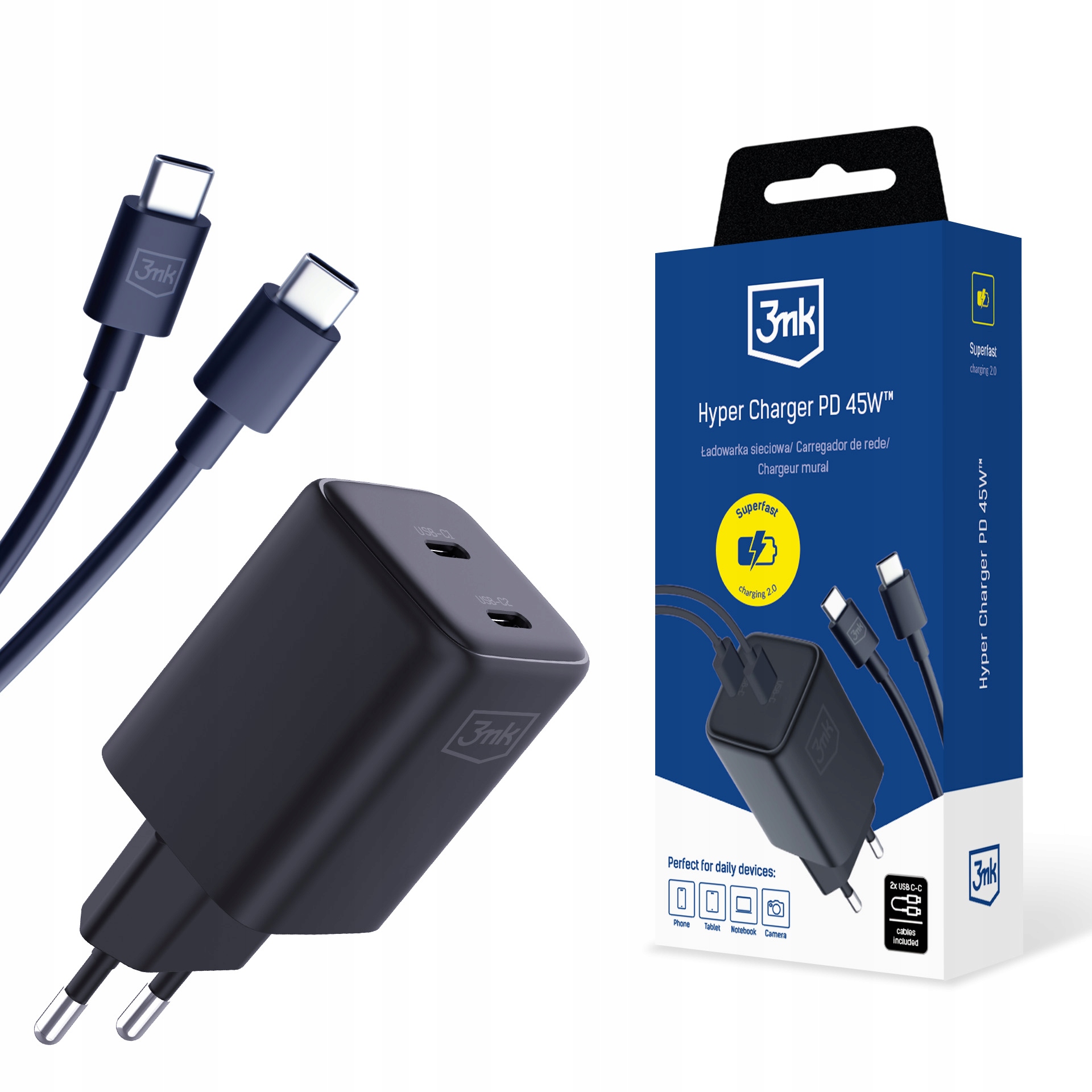 3MK Hyper Charger Černá síťová nabíječka Pd GaN 45W kabel Usb C to C