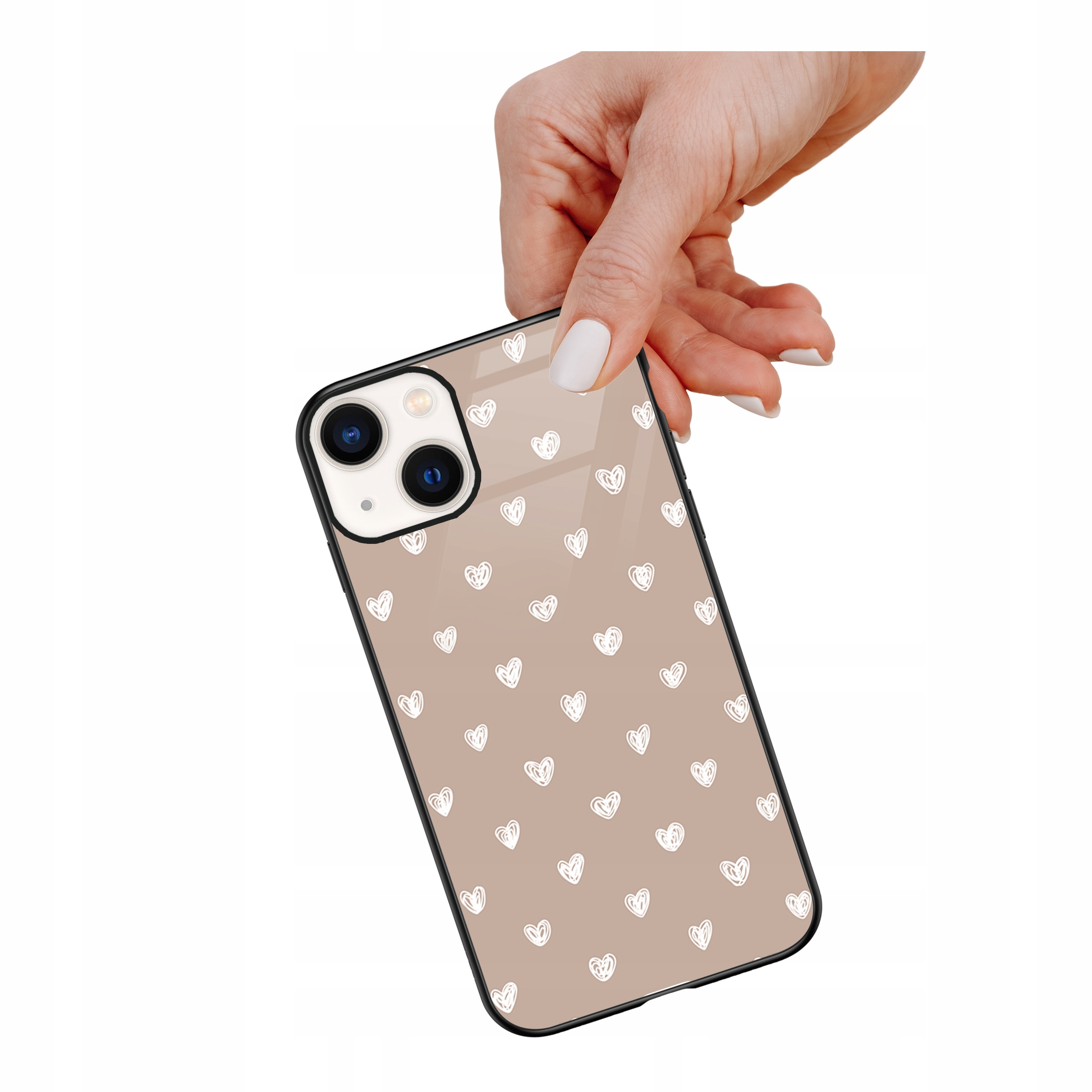 Etui szklane ceramiczne do iPhone 14 Serduszka beż