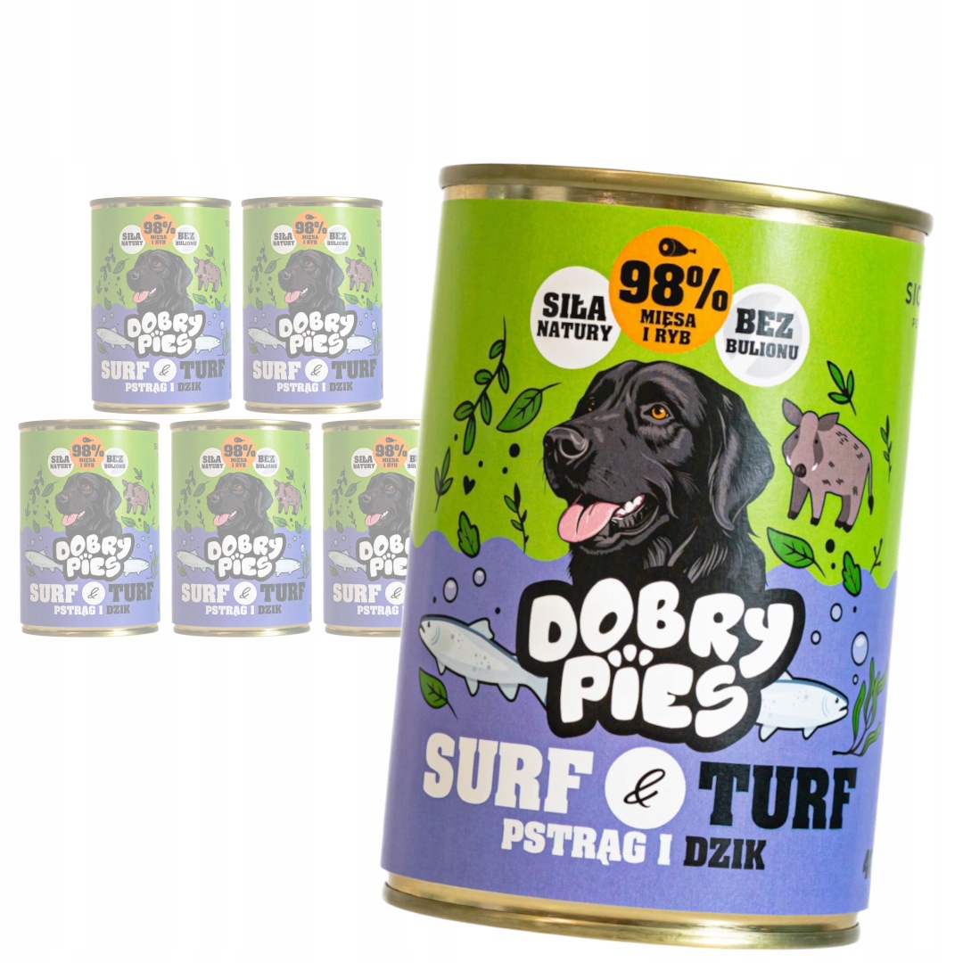 Levně Dobry Pies Surf & Turf 6x400 g Vlhké Krmivo pro dospělé psy, pstruhy a divočáky