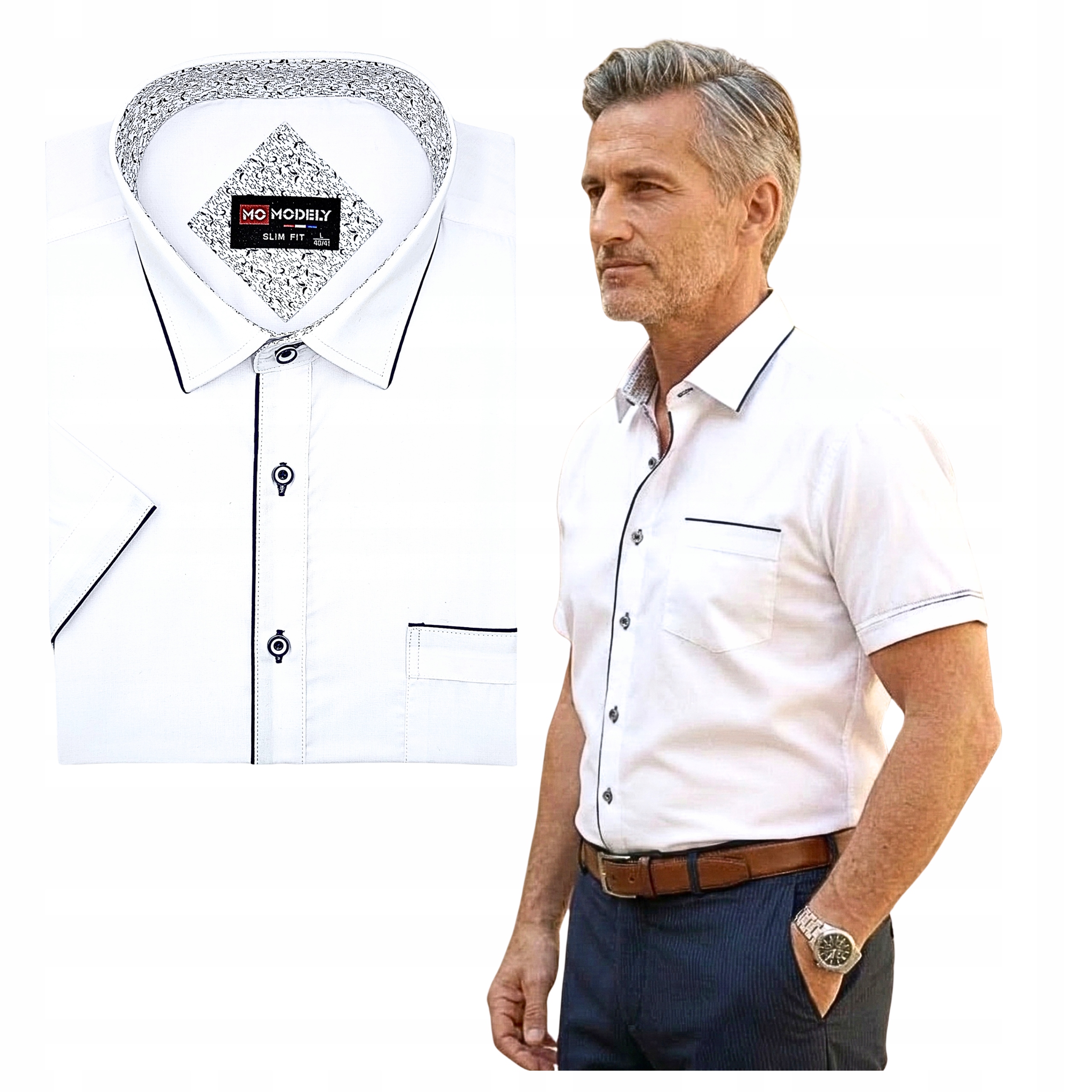 Biała Męska Koszula krótki rękaw ze wstawkami M 39/40 bawełna