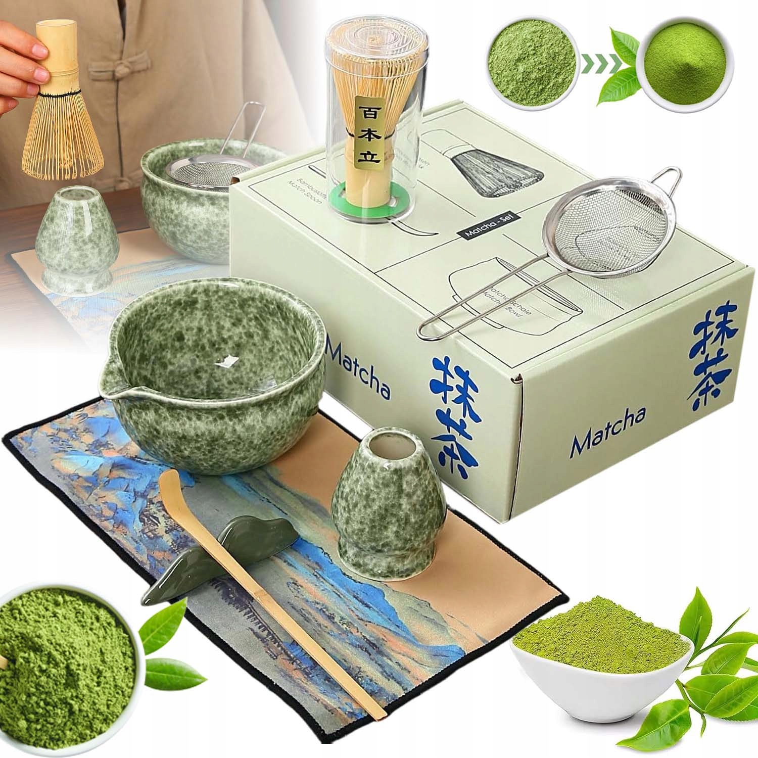 Bambusowy Zestaw Prezentowy Do Herbaty Matchy Chashaku Zielony 7 Sztuk