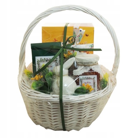 Jarní košík s čajem a konfiturou.