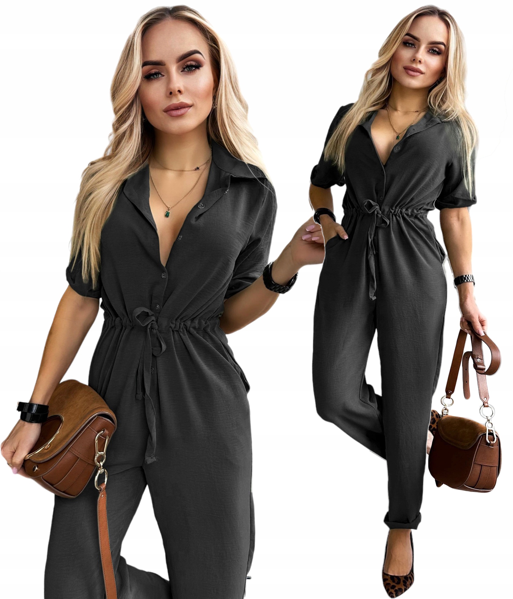 Elegancki KOMBINEZON DAMSKI letni krótki rękaw kołnierzyk