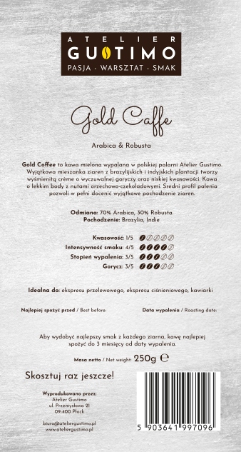 Świeżo mielona kawa GOLD CREMA polska palarnia 250 Marka Atelier Gustimo