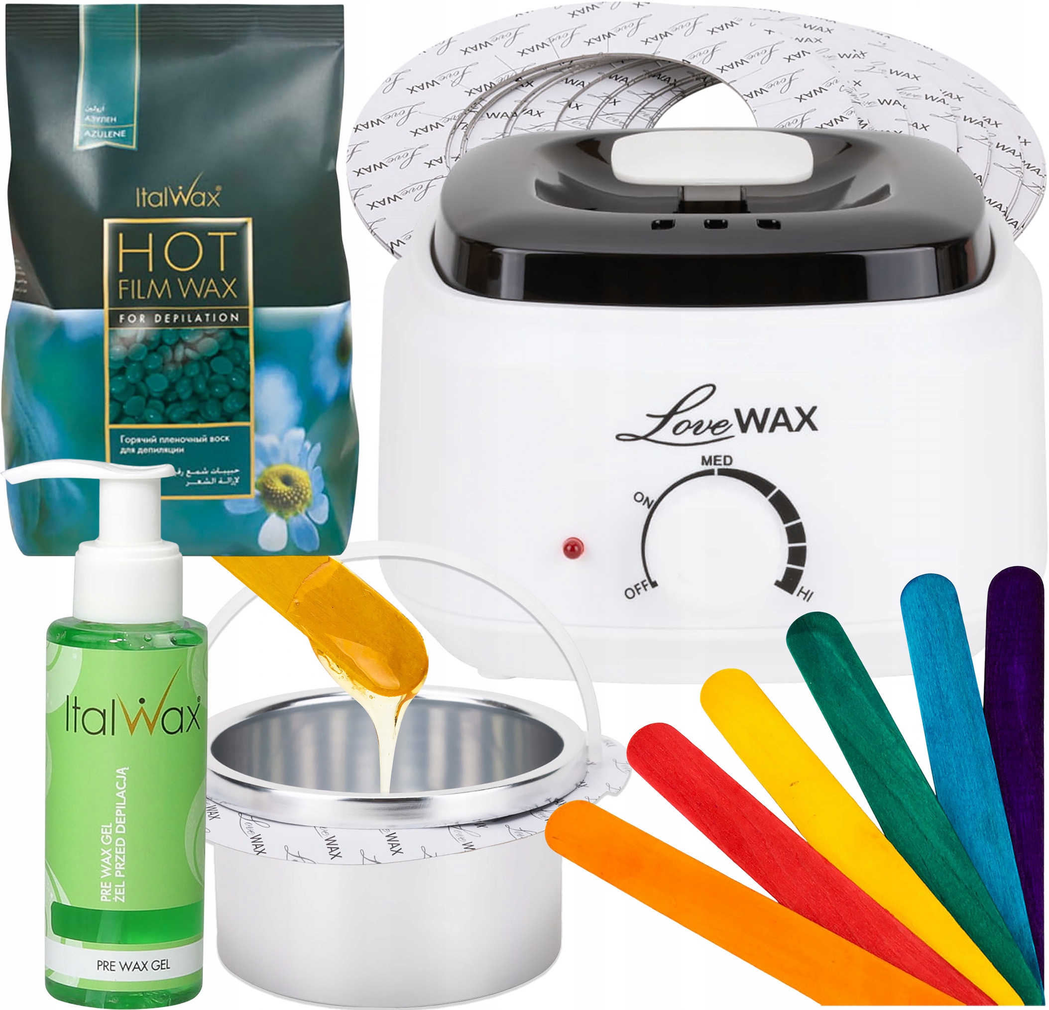 Ohřívač vosku LoveWax 500 ml 50 kroužků špachtle Vosk Gel