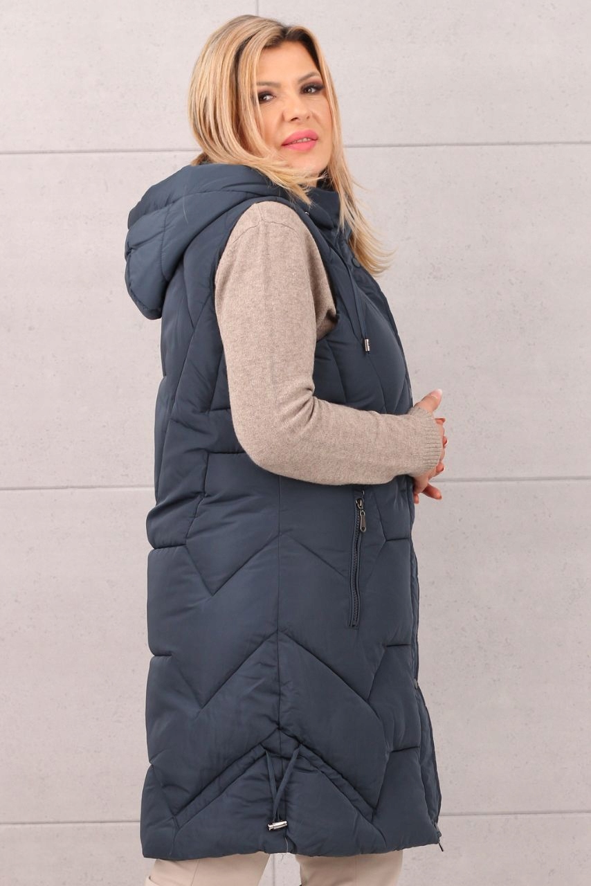 KAMIZELKA PIKOWANA DŁUGA Z KAPTUREM DAMSKA Kolor niebieski