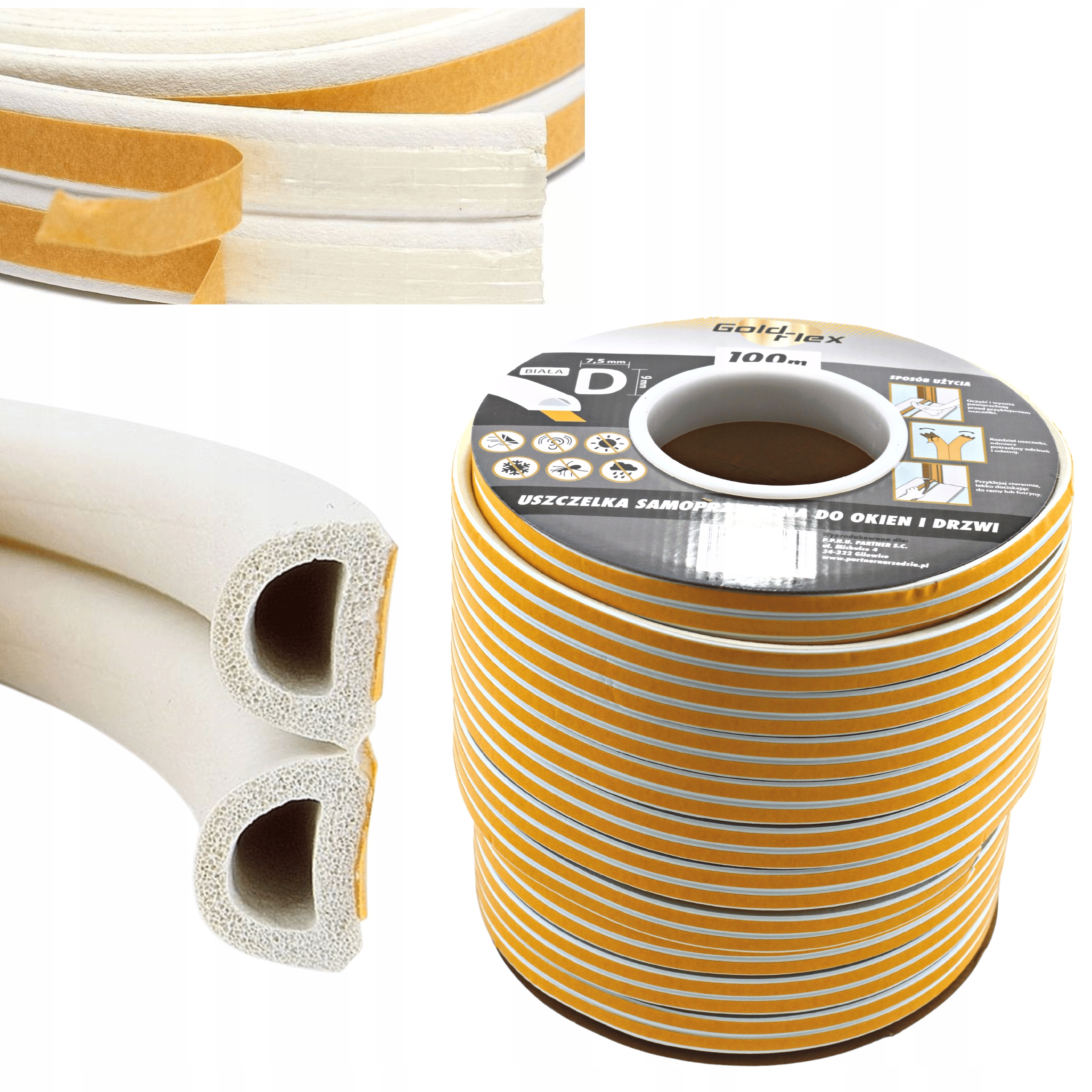 Gumové Těsnění Na Okna A Dveře Samolepicí Typ D 7,5 x 9mm 100m Bílé
