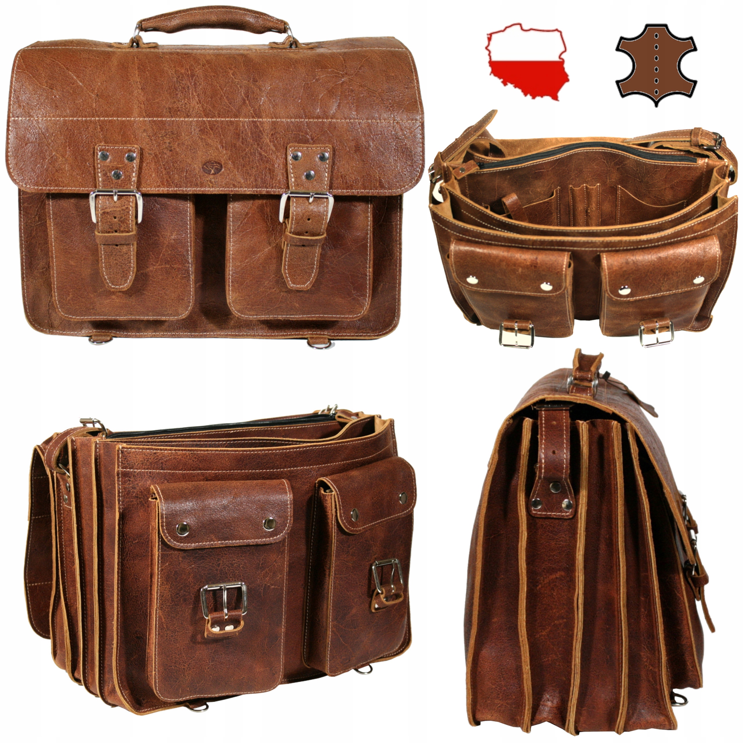 Kožená aktovka hnědá velká pojme notebook 17 polská výroba kůže A4