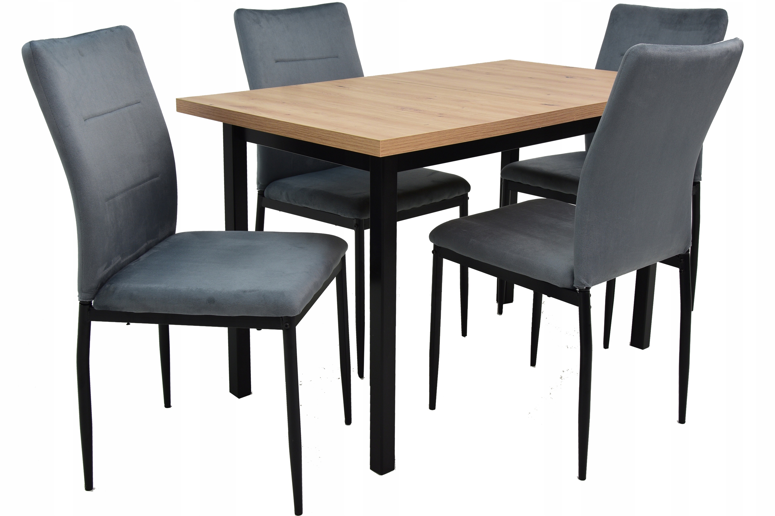 SOLIDNY DREWNIANY stół ROZKŁADANY 70x120/160 i 4 szare krzesła TAPICEROWANE