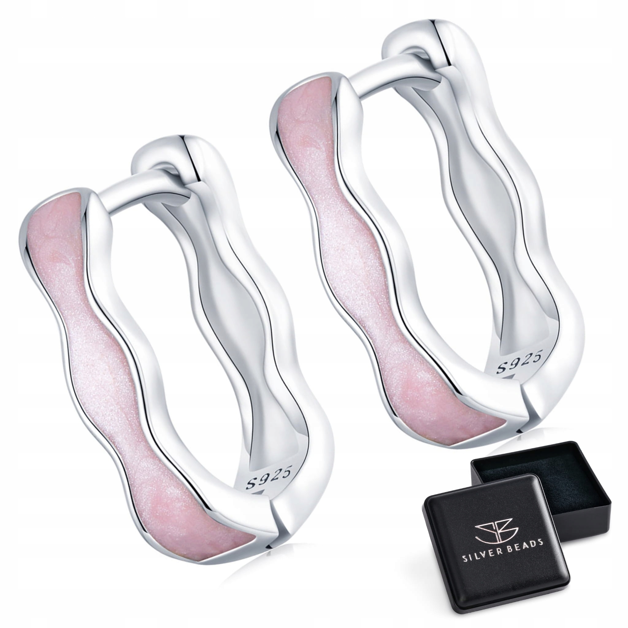 K599 Różowe fale emaliowane kolczyki koła zatrzaski srebro 925