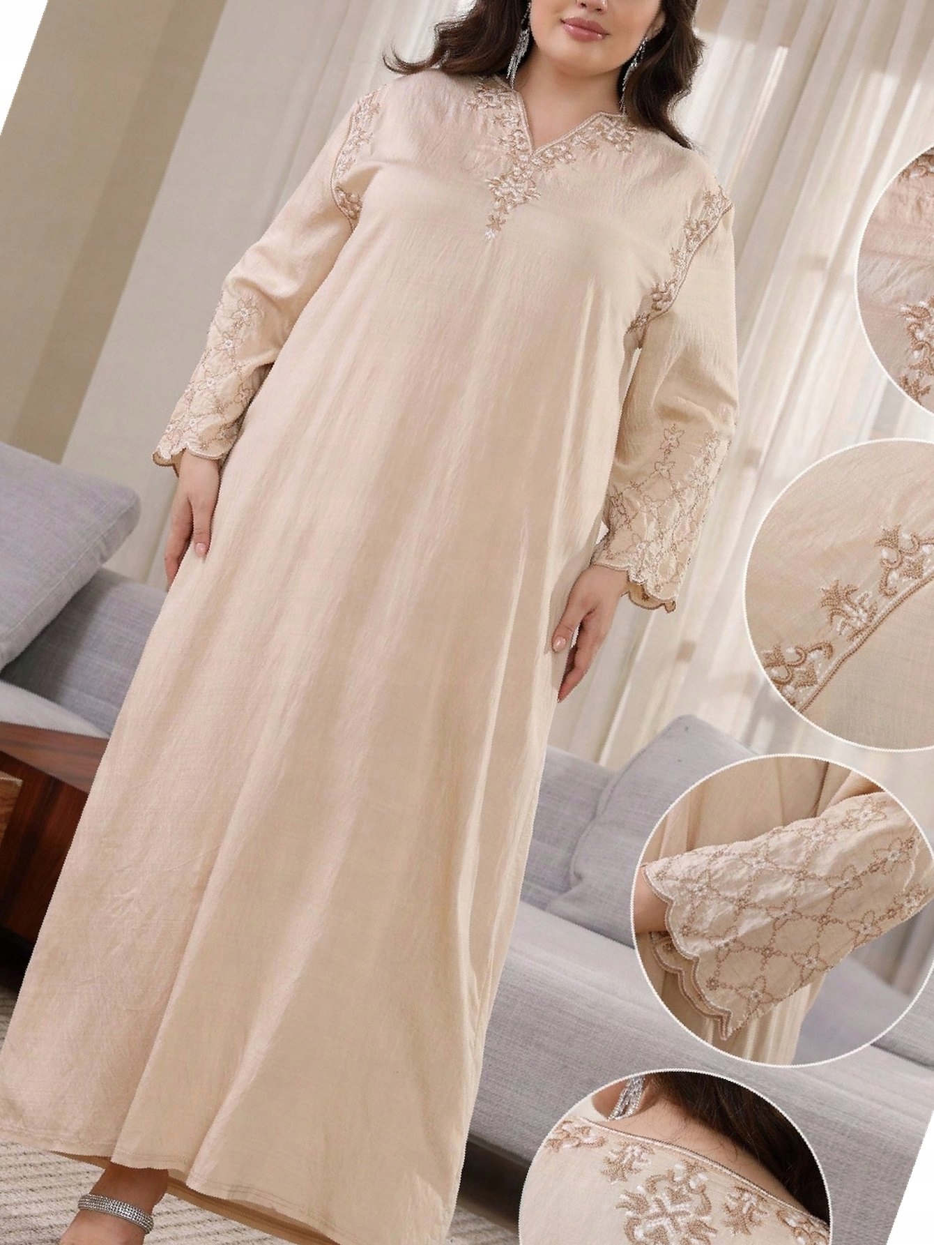 Šaty v arabském stylu Béžová Casual Dlouhá vyšívaná 3XL 46