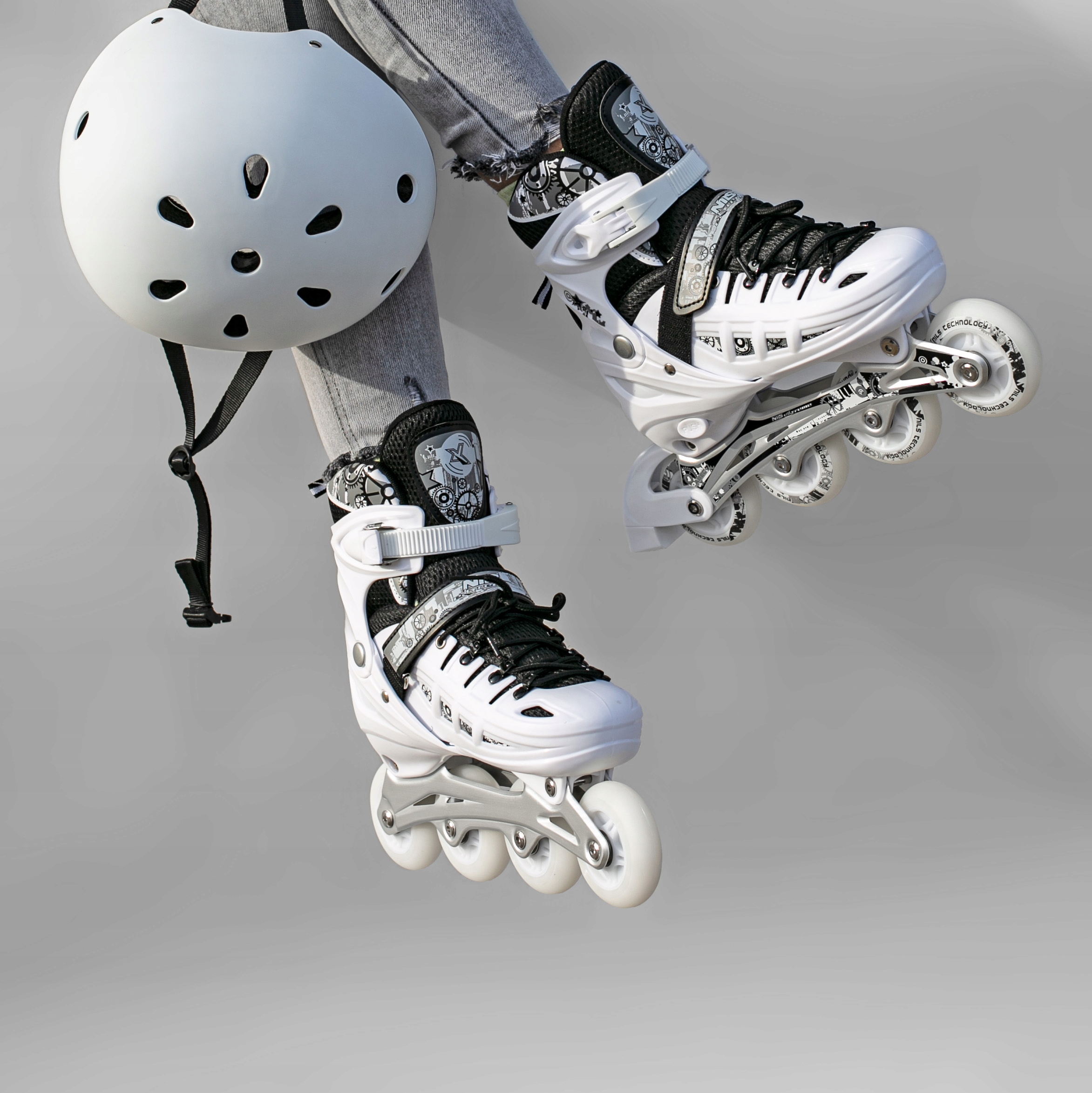 ROLKI DLA DZIECI REGULOWANE 4w1 ŁYŻWY WROTKI KAUCZUKOWE ŚWIECĄCE LED 39-42 Marka Nils Extreme