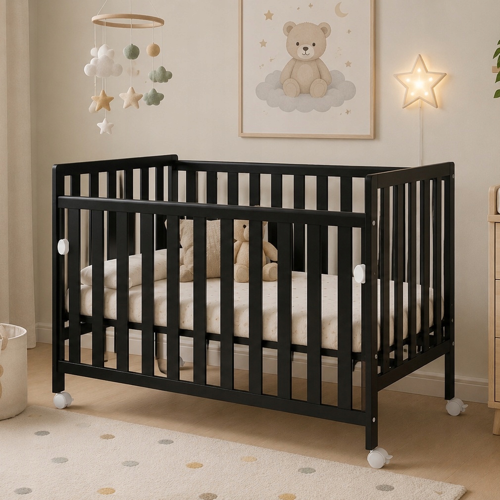 Łóżeczko dostawka Bambi 120x60 z opuszczanym bokiem na kółkach Czarne