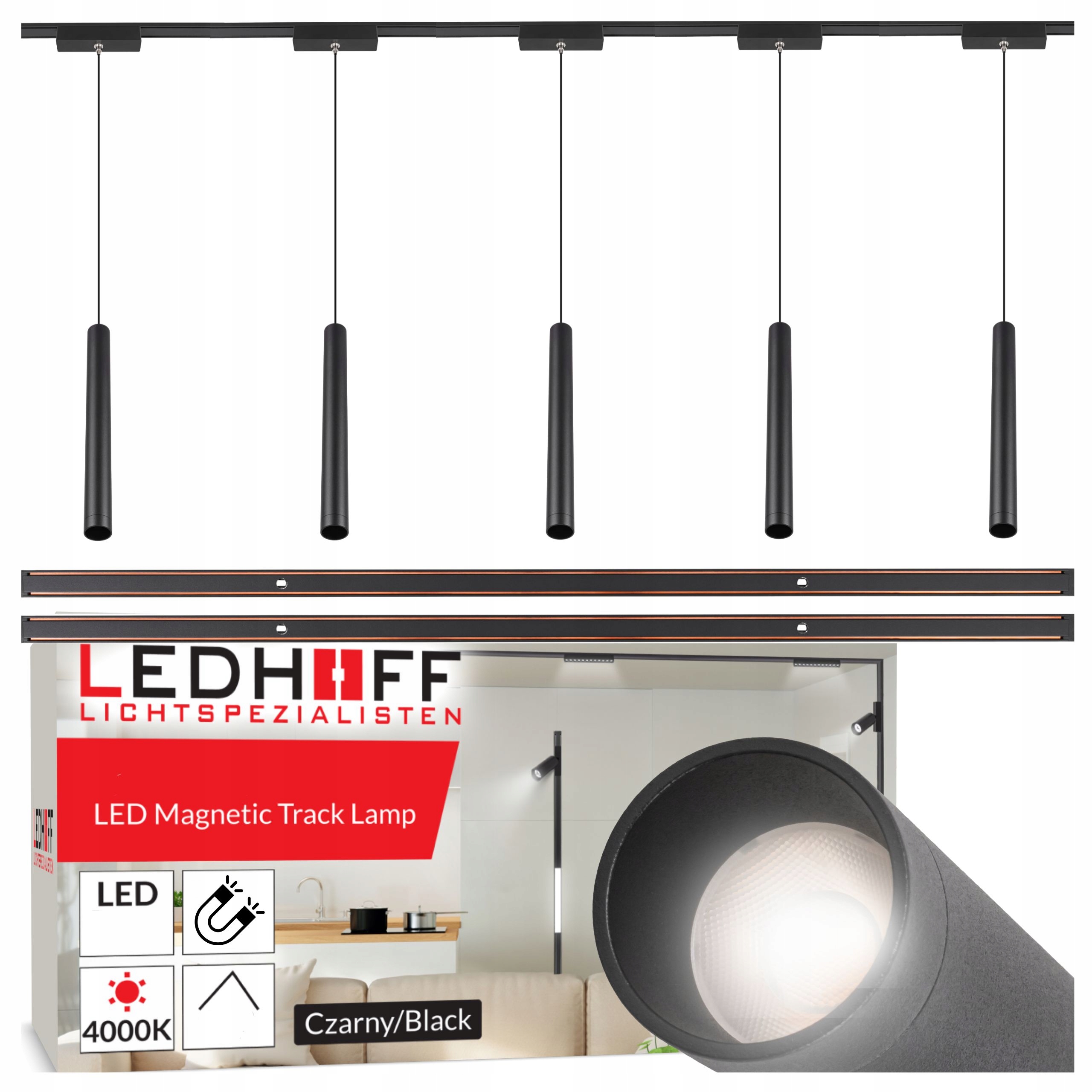 Magnetické koľajnicové osvetlenie Koľajnica 2m 5x závesné Led svietidlo Tuba čierna