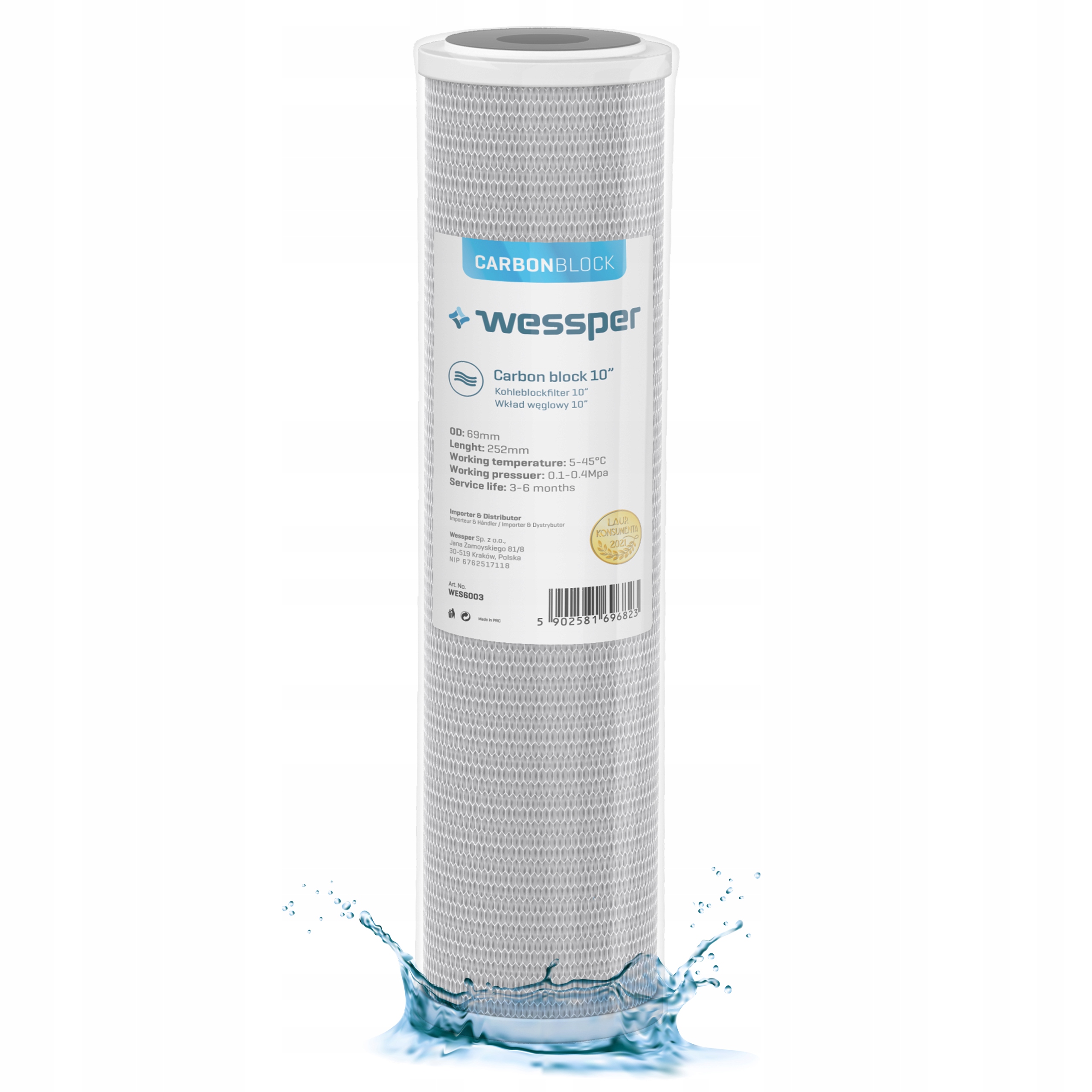 Filtr do wody 10" węglowy 5 mikron PP5 do filtracji wstępnej Wessper
