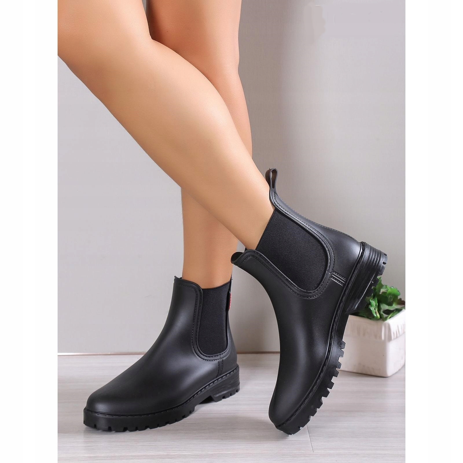 Kalosze Buty za Kostkę Botki Damskie Sztyblety Matowe Czarne Gumka 38 Rozmiar 38