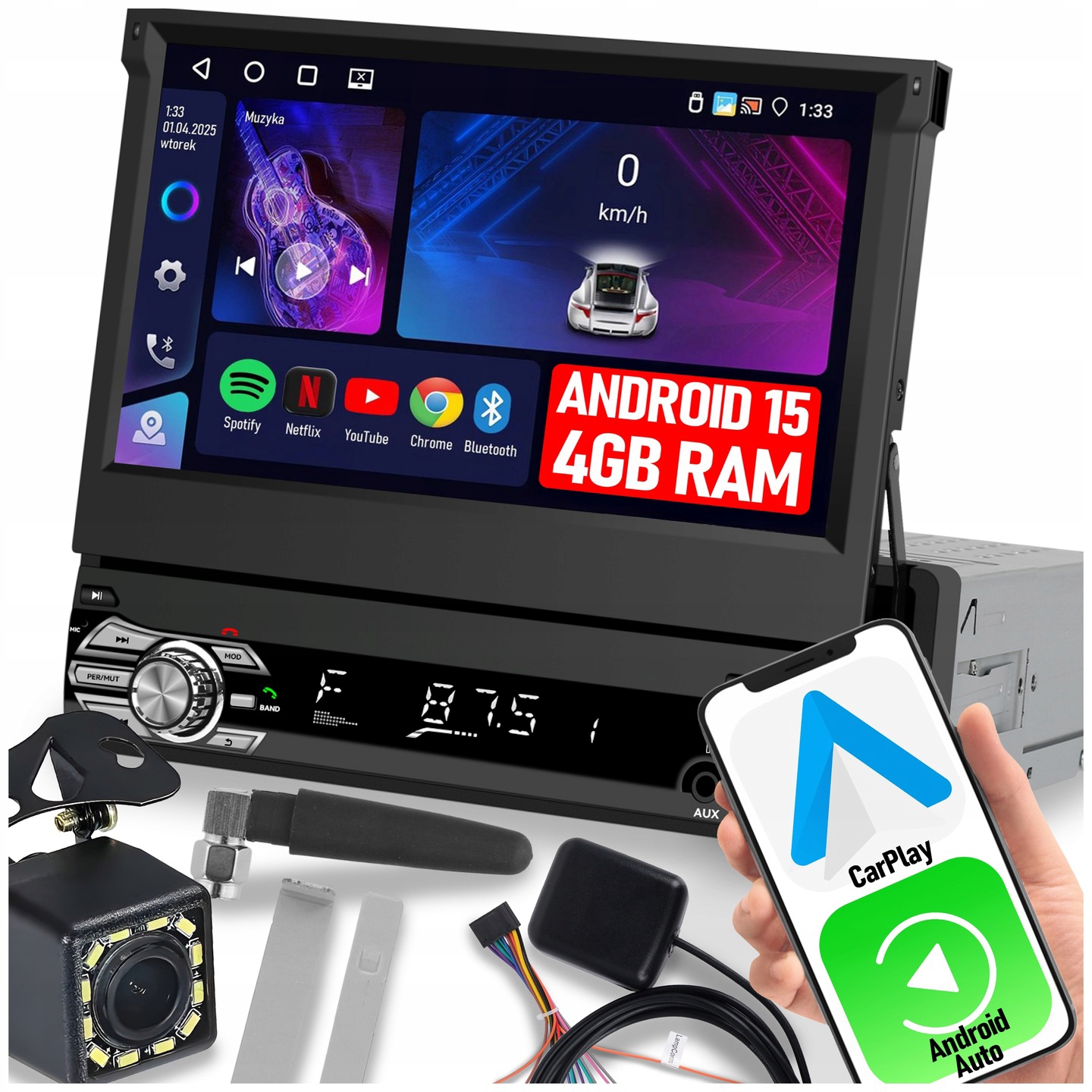 Autorádio 1 Din 7'' Carplay Android Wifi Rds Výsuvná Obrazovka 4GB Ram