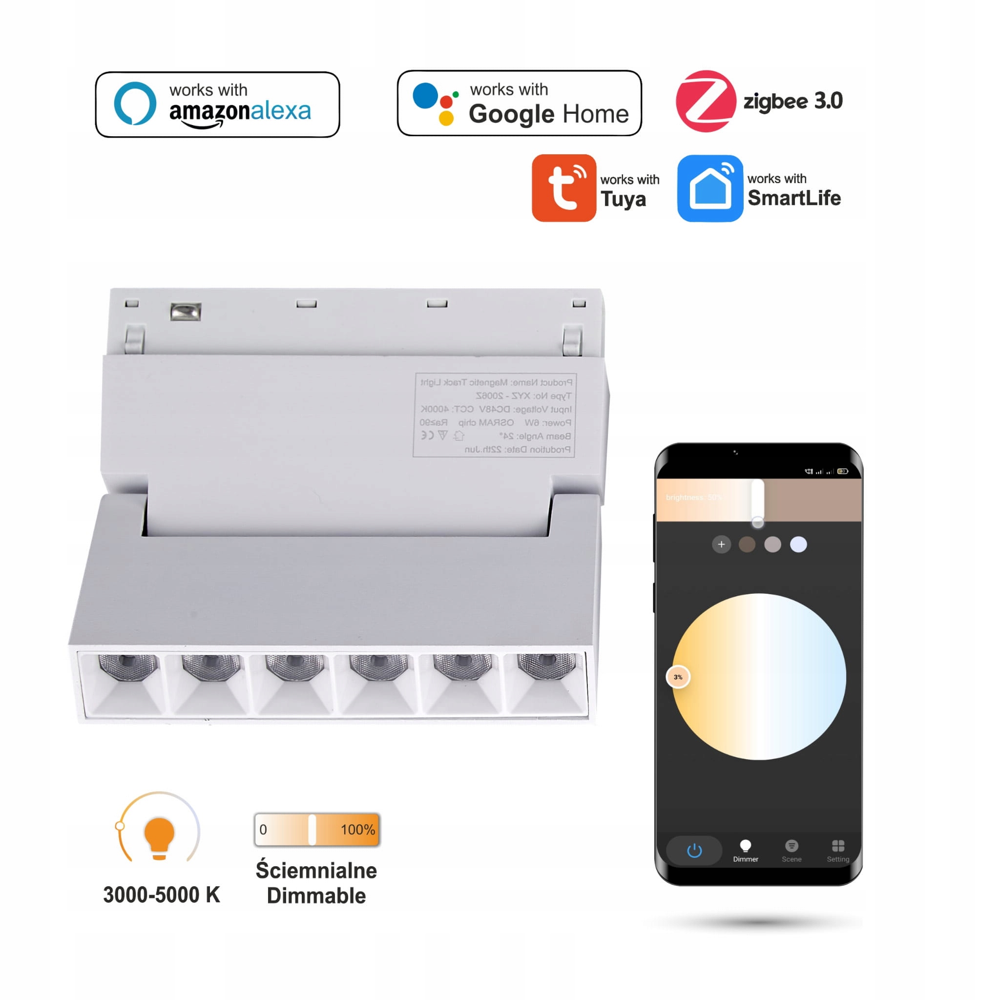 Lineárny nastaviteľný Led reflektor Zigbee Grille 6W Smart Track 48VDC