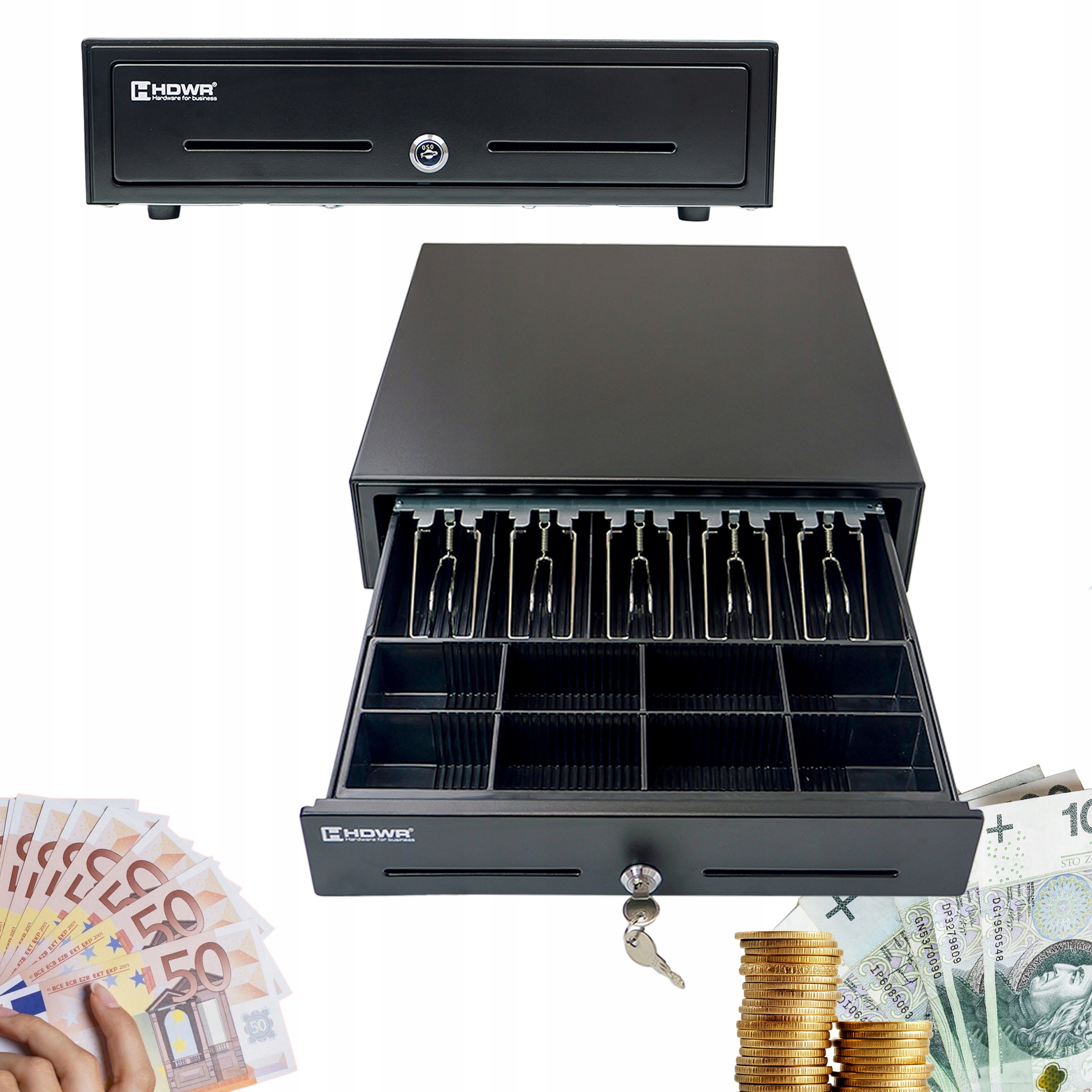 Šuplík na peníze 5 přihrádek na bankovky a 8 vyjímatelných vložek na mince