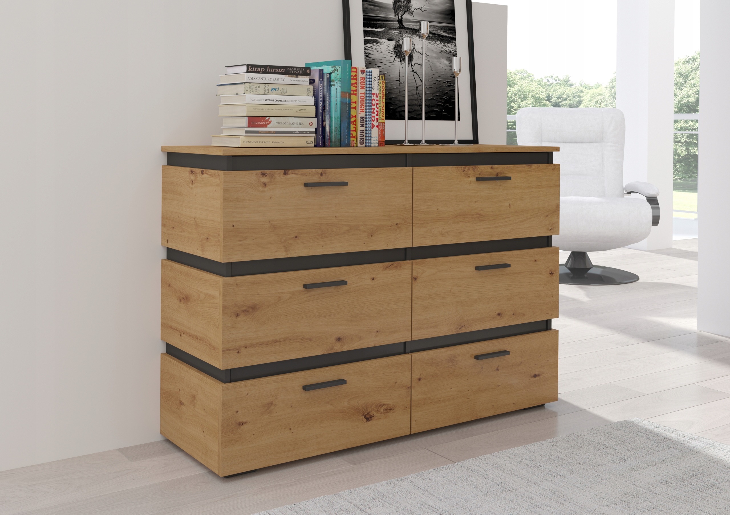 Nowoczesna Komoda 6 Szuflad Dąb Artisan ARJAR Kolekcja Salon