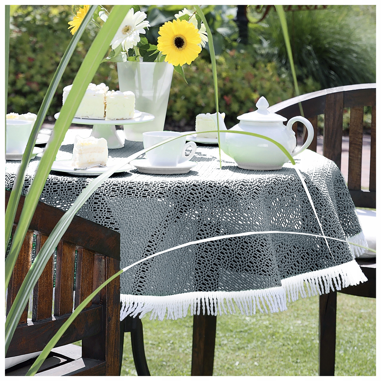 OBRUS OGRODOWY PIANKOWY OKRĄŁY SZARY PLAMOODPORNY FRĘDZLE 160CM ZEWNĘTRZNY