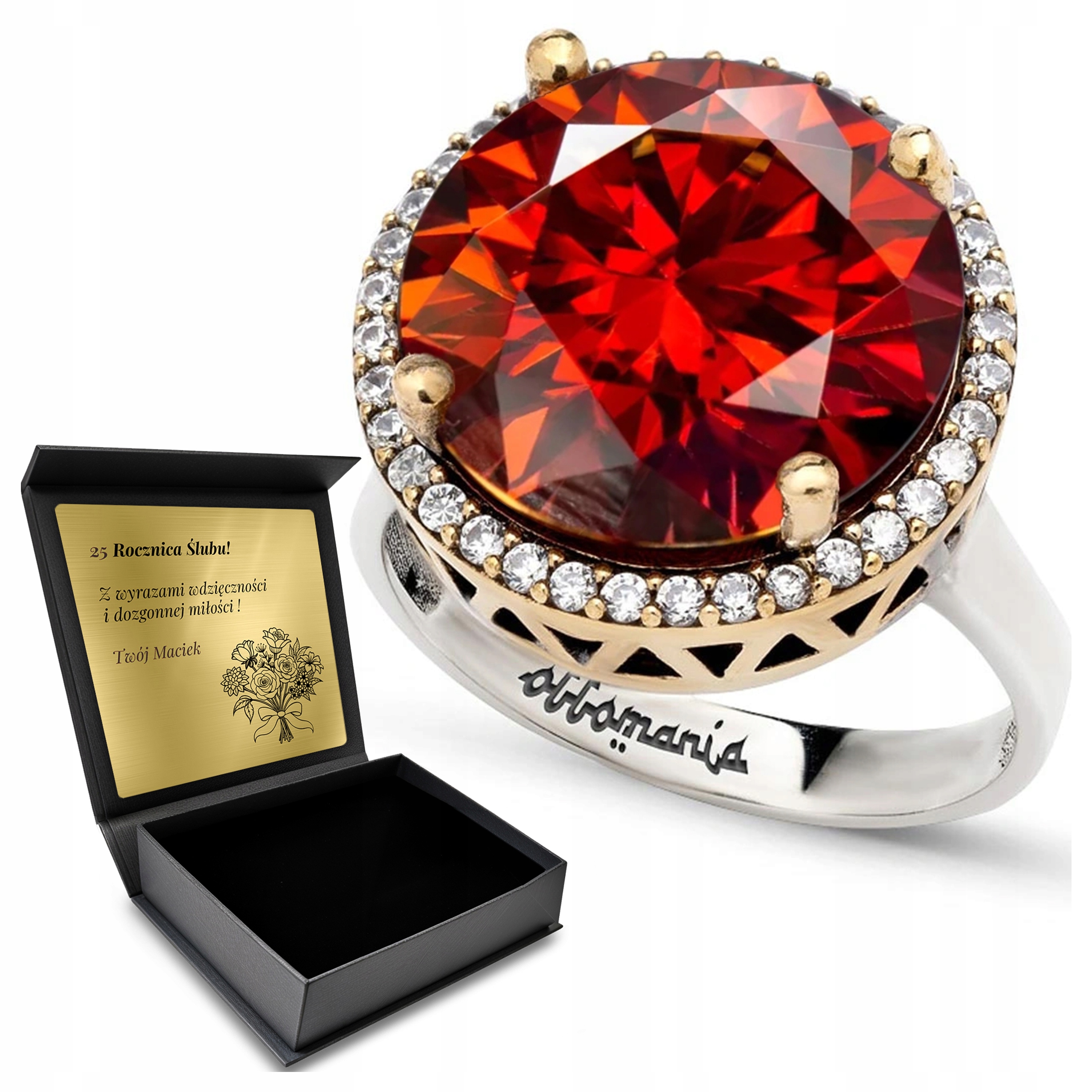 Prstýnek 925 S Zirkony A Granátem Pro Ženu Gravírování Bonus