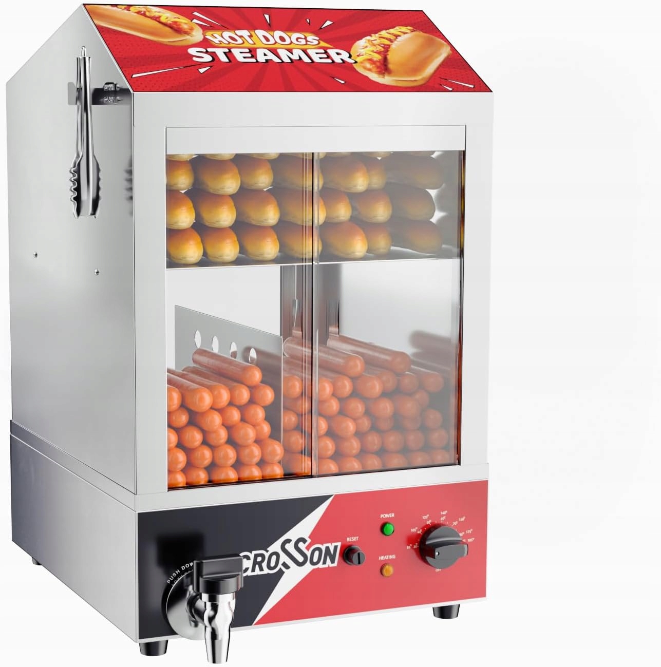 Crosson parní hrnec na hot dogy 42 l 2-patrový 175 hot dogů 50 rohlíků vitrína