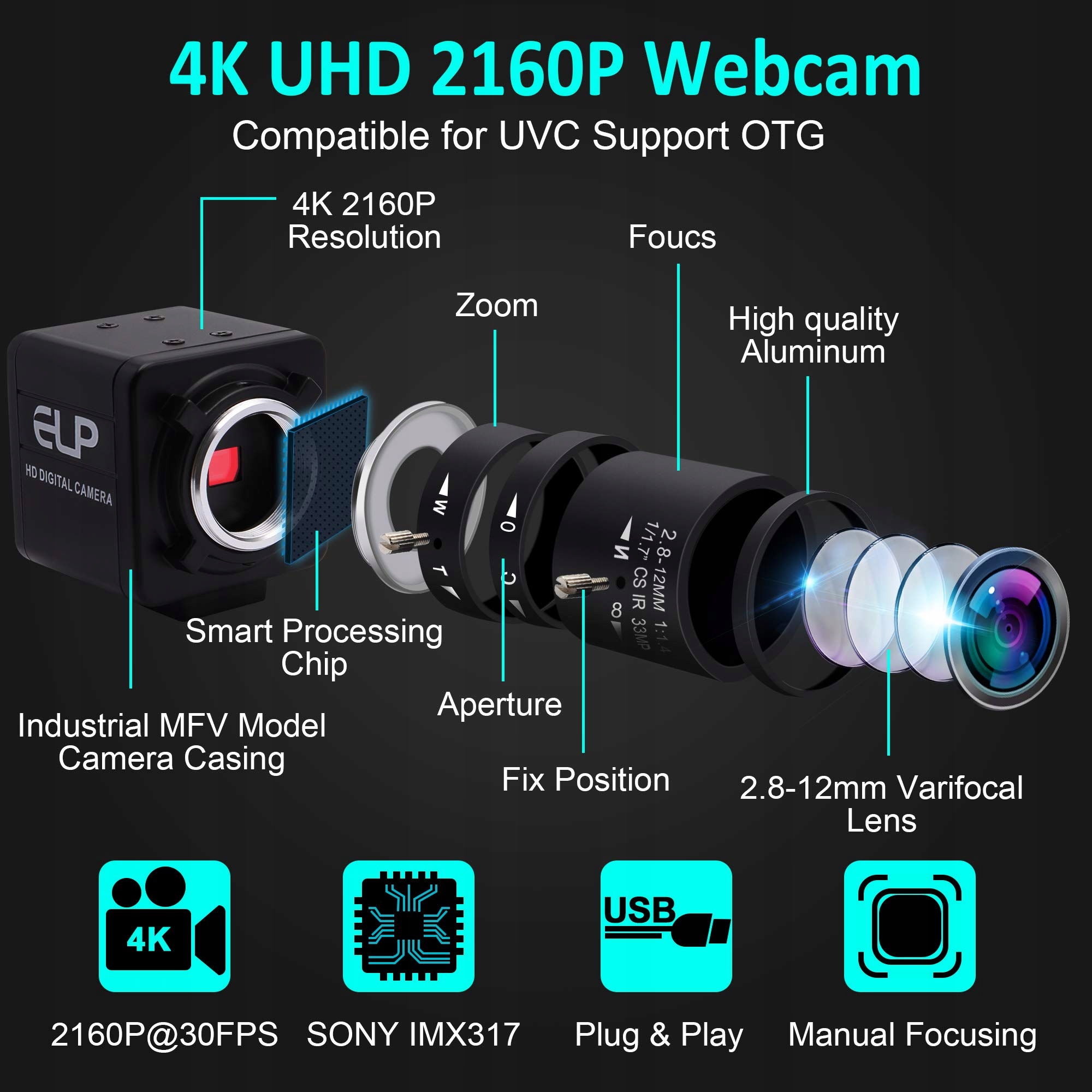 ELP Kamera 4K Ultra HD USB z Zoomem 5-50mm do Wideokonferencji — miniatura 5