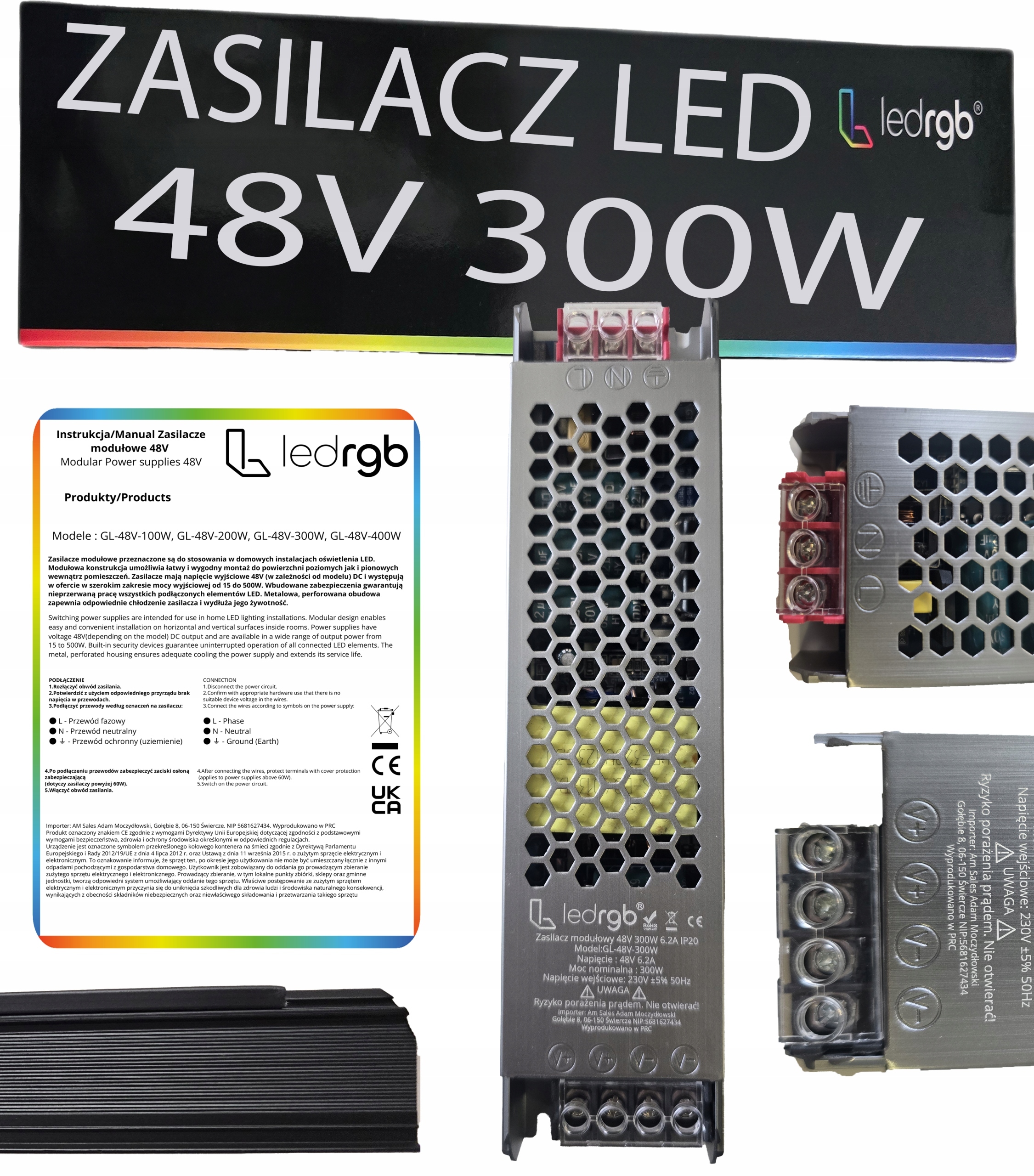 Montážní napájecí zdroj 48V 6.2A 300W Premium pro Led modulární Ac DC Slim