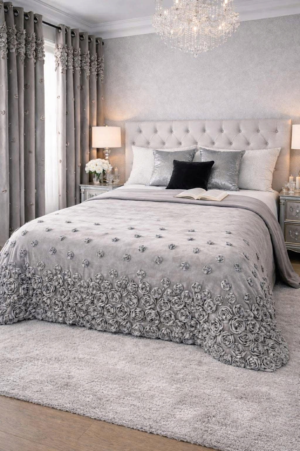 Narzuta welur 200 cm x 220 cm French Roses szara różyczki