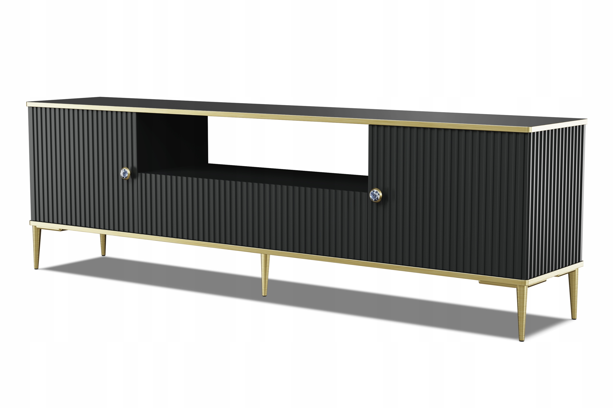 Szafka Rtv Petra 180 cm 2D1S styl glamour czarny frez nóżki złote