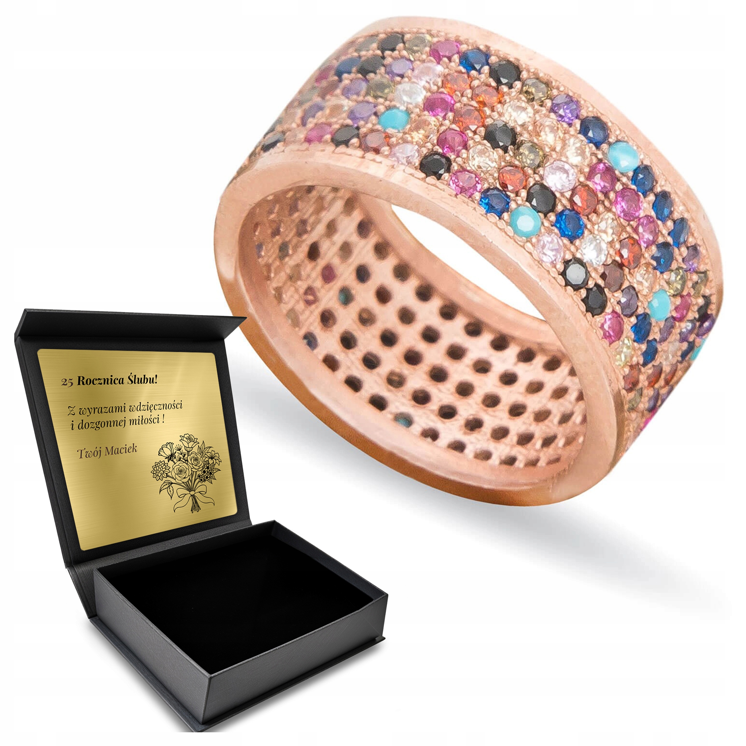 Prstýnek Zlatý prsten Široký Zirkony Pro ženy Stříbro 925 Gravírování