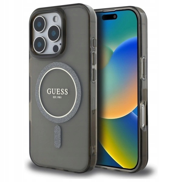 Etui Guess IML Glitter Circle MagSafe na iPhone 16 Pro Max czarne
