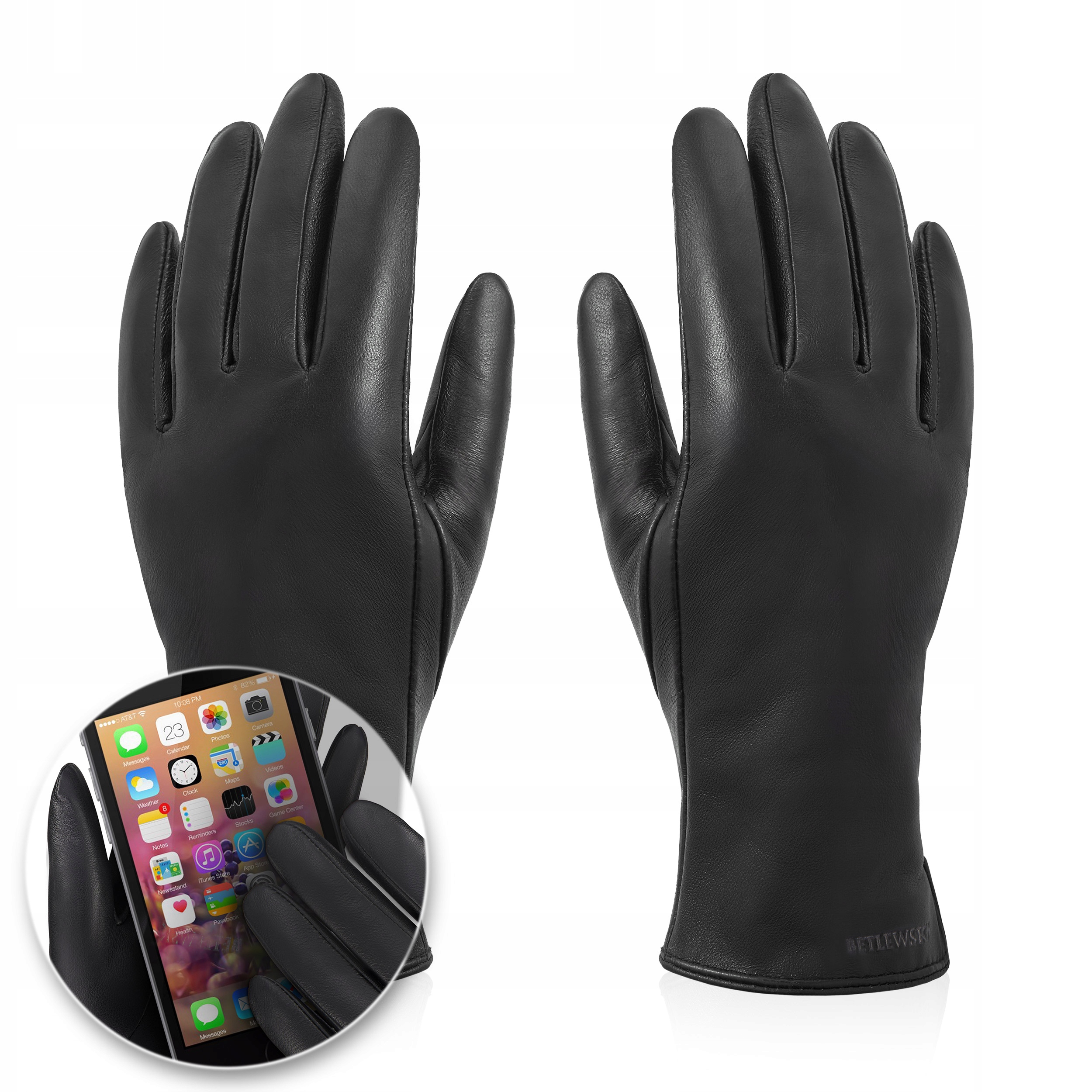 Betlewski Zimné kožené dámske hmatové rukavice pre smartphone teplé S