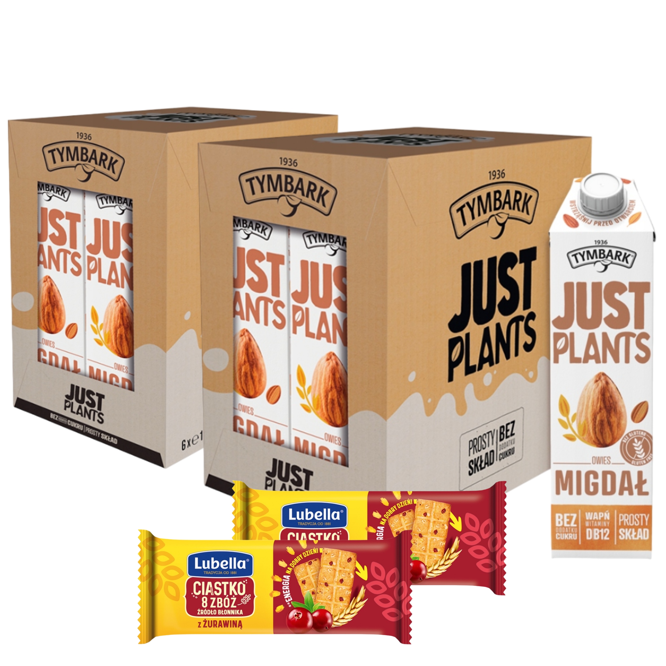 Tymbark Just Plants Migdał Napój Roślinny 12x1l 2x ciastka Lubella